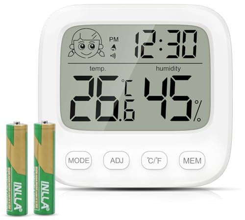 Ankilo Digital Hygrometer Thermometer Indoor, Room Thermometer and Humidity Gauge with Temperature Humidity Monitor, Clock, ℃/℉ Function, 12/24H, Date, for Home, Garage, Greenhouse