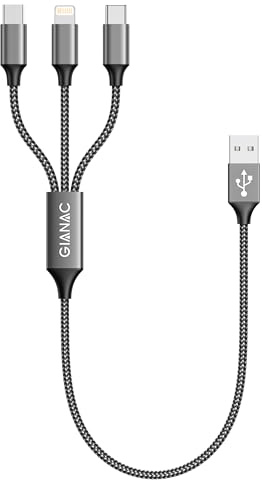 GIANAC Multi USB-kabel, universell laddningskabel [0,5 m], 3 i 1 höghastighetskabel, uppladdningsbar iP Micro USB typ C, Lightning-kabel för iPhone, Android Galaxy, Huawei, Oneplus, Sony