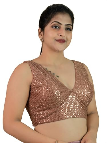 FIGURE'S DESIGNER Women's Sequin Embroidered Premium Net Fabric Sleeveless V Neck Sabyasachi Cut Readymade Saree Blouse E20