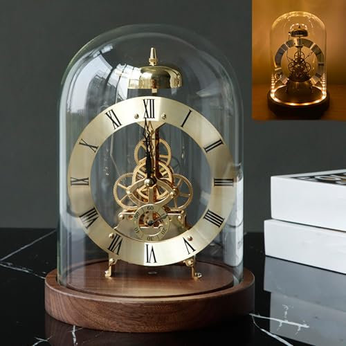 XDTKJDZ Mechanical Vintage Glass Dome Clock, Quartz Mechanical Retro Transparent Desk Clock, with Voice-Activated Light, Hourly Chime, and Office Desk Décor Accessory