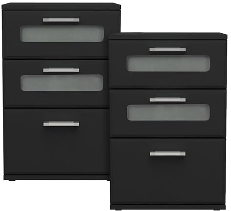 ML-Design 2X Mesitas de Noche con 3X Cajones 40 x 60 x 38 cm Negro Mesa Auxiliar con Inserto de Vidrio Cómoda Lisa de Madera Mueble Cajonera Consola Estante Decorativa para Dormitorio o Sala de Estar