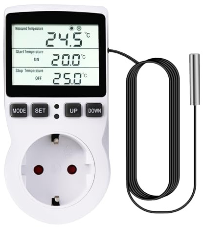 Termostato digital 250V con sensor de temperatura y LCD - calefacción/refrigeración para invernadero, terrario, acuario, reptiles (enchufe de la UE)