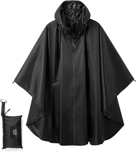 NAJMA Poncho de Pluie Imperméable femme et homme avec Capuche, Sac de Rangement et Petite Poche – Léger, Réutilisable (FR/ES, Alpha/lettres, Taille unique, Taille normale, Taille normale, Noir Blanc)