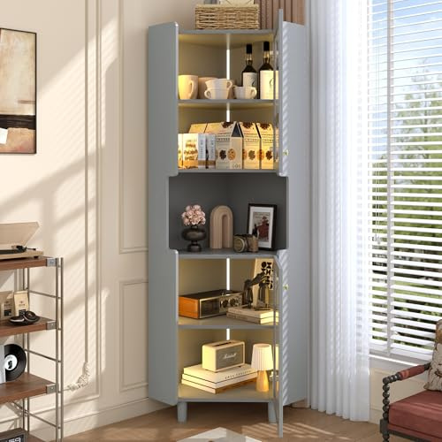 Terahanda Armadio angolare grigio con rivestimento laccato e illuminazione a LED – Comò angolare multifunzionale per soggiorno, libreria, bagno, camera da letto, sala da pranzo, pannello in MDF