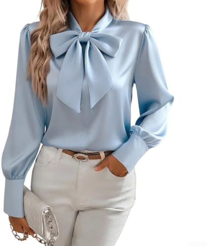 Blusa de mujer de manga larga elegante con lazo en el cuello, aspecto satinado, blusa de oficina, sin arrugas, S-2XL (azul XXL)