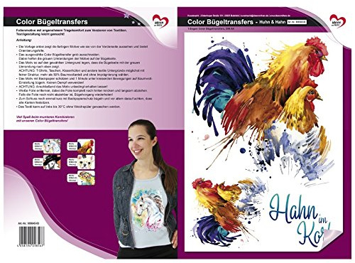 Ideen mit Herz Transfert à repasser coloré, format A4, poulet et coq | Décorer les textiles tels que les t-shirts et les sacs avec motifs thermocollants | Repasser les images rapidement et facilement