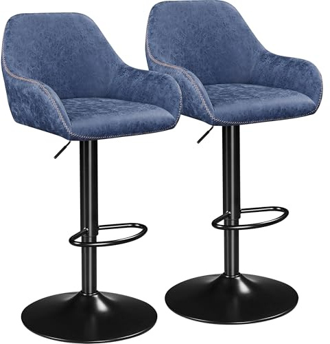 Yaheetech Bar Stools Set of 2, Height Adjustable Swivel Breakfast Barstools, PU Leather Upholstered Bar Chair with Backrest, Armrests and Footrest for Home Kitchen, Blue