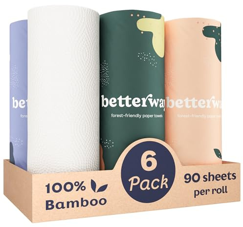 Betterway Bamboo Paper Towels - 6 Rolls, 2 Ply - Plastic Free, Disposable Kitchen Paper Towels - Select Size, Tree Free, Compostable, Strong & Absorbent, No Dyes - PFAS Free