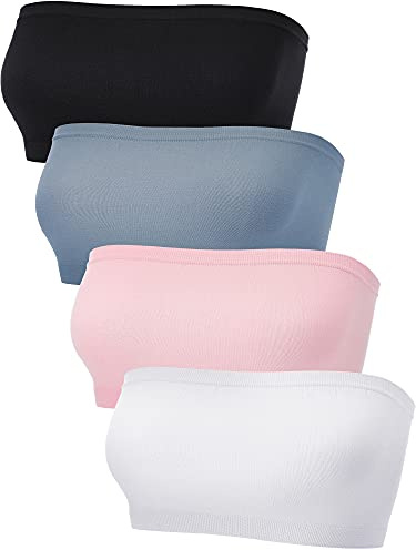 Blulu 4 Stücke Damen Bandeau BH, Azzurro, Rosa, Bianco, Nero, XL