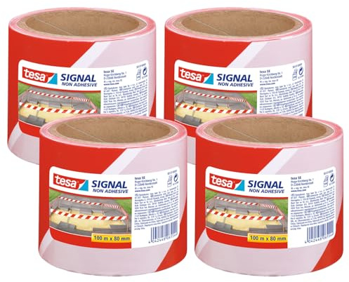 tesa® Signal Absperrband 4er Pack - Warnband zur Absperrung, Markierung und zur Abgrenzung von Gefahrenbereichen - nicht klebend - Rot-Weiß, 100 m x 80 mm