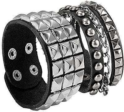 BaBakiak Punk Bracelet for Men Women, Goth Leather Wristband with Metal Studded (Black)