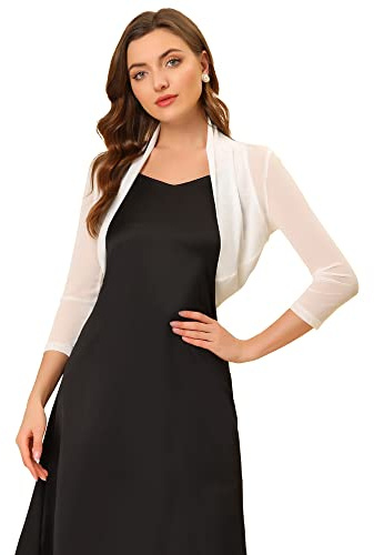 Allegra K Bolero Mujer de Malla Semitransparente Elegant Mangas Largas Shrug Top Blanco S