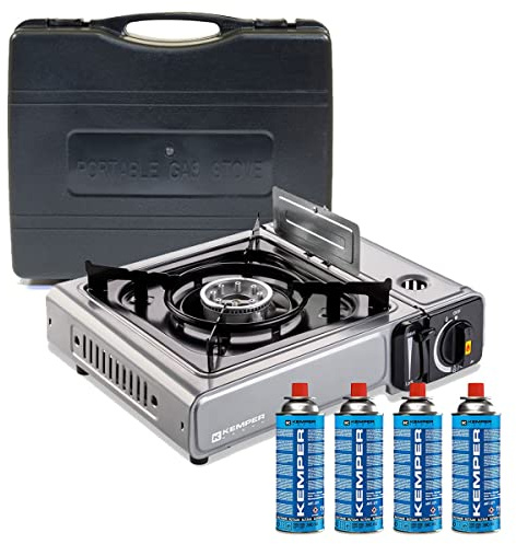 KEMPER - Réchaud à gaz 2200W INOX + 4 Cartouches de gaz Double système de sécurité Puissance réglable