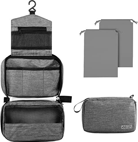Larkumio Kulturbeutel Herren Damen zum Aufhängen, Kulturtasche Waschtasche Kosmetiktasche Männer Waschbeutel Toiletttasche Groß mit Handhaben, 1 Toiletry Bag + 2 Kordelzug Tasche, Grau
