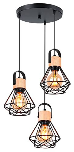 iDEGU 3 Luci Lampadario a Sospensione Vintage Industriale, Lampada da Soffitto in Legno e Metallo Nero Gabbia Geometrica 16cm Retro Lampada a Sospensione Interni per Camera da Letto Cucina (Piatto)
