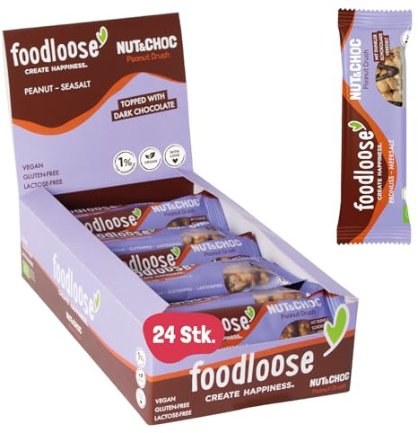 foodloose Bio-Nut&Choc Riegel Peanut Crush | Vegane, laktose- und glutenfreie Bio-Nussriegel ohne raffinierten Zucker | Dunkle Schokolade, Erdnuss & Meersalz | Vorteilspack (24 Riegel x 35g)