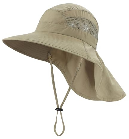 Home Prefer UPF50 Wide Brim Kids Sun Hat Neck Flap Boys Sun Protection Beach Hat Khaki Medium