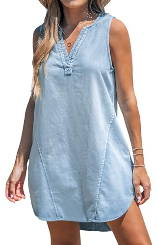 CUPSHE Vestido corto de mezclilla para mujer, cuello en V, sin mangas, vestido casual de verano acampanado, azul claro, M