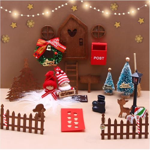 Dictien Puerta Elfo Navidad, 43 PCS Elf Puerta Accesorios, Navidad Elf Set para niños Elf decoración Madera Miniatura con luz Fairy Puerta decoración, Botas, Valla, Corona, Escalera