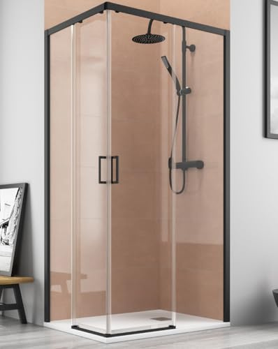 Mampara Ducha Rectangular Angular Corredera 2 Puertas 2 Fijos | Cristal 5mm Antical | Perfil Negro 80cm (Adaptable 78-80cm) X 70cm