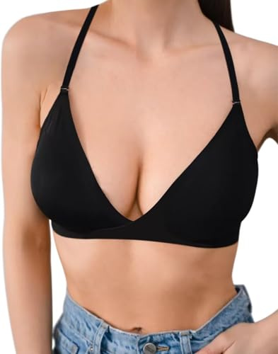 Soutiens-Gorge Triangle sans Fil pour Femmes V Profond Bretelles Amovibles réglables Soutien-Gorge Femme(D457HS,Black,L)