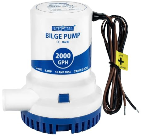 WASSERMANN 2000GPH Bilge Pump 12V, Heavy-Duty Marine Submersible Bilge Water Pumps for Boats with Long Power Cord and Anti-Airlock Protection for Continuous Reliable Operation