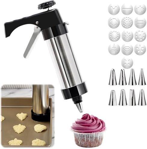 Spritz Kit de presse à biscuits en acier inoxydable avec 13 disques à biscuits et 8 embouts de tuyauterie, presse à biscuits pour la pâtisserie et le glaçage de gâteaux