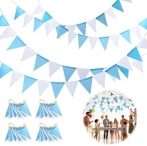 Hexizexi 48 Banderines Decorativos Azul y Blanco 16M Banderines para Cumpleaños Jardíns Fiestas Bodas