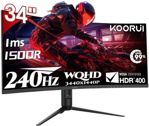 KOORUI 34-Zoll-Gaming-Monitor,240Hz PC Bildschirm,Curved 1500R,Adaptive Sync, Ultrawide WQHD (3440×1440), HDR400, höhenverstellbar (110 mm),Pip/PBP,Schwarz