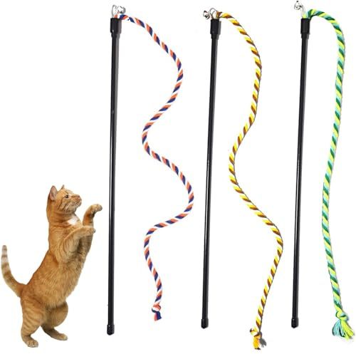 KABASI 3PCS Cat String Wand Toys, Interactive Cats Teaser Wand with Bell