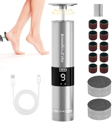 BoundlesEcho Elektrischer Hornhautentferner & Nagelfeile - Wiederaufladbar 2-in-1 Pediküre-Set mit 9x Geschwindigkeit, Display, 30 Schleifpads für Tote Harte Haut/Hornhaut/rissige Fersen (Silber)