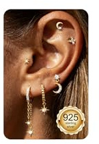 Finrezio 6 Pcs Silver/Gold Earrings for Women Sterling Silver Stud Earrings | Hypoallergenic Earrings Flat Back Earrings Helix Piercing Jewellery Star Moon Stud Cartilage Earring Jewelry for Women