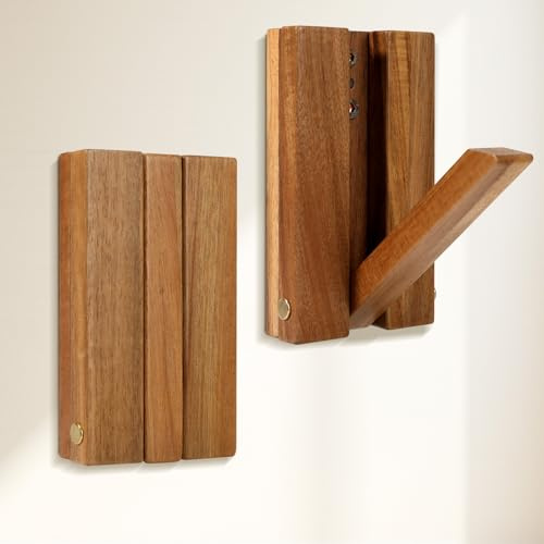 fuwlhw Stylish Wall-Mounted Coat & Hat Hooks with Key Holder – Rustic Solid Wood, Space-Saving Retractable Design for Entryway & Bathroom - Heavy Duty 2-Pack Foldable Hooks for Towels, Bags & More