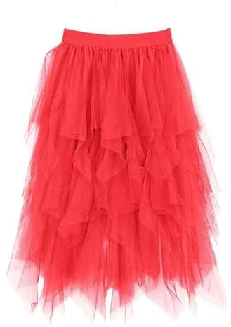 Genérico Faldas Tul para Mujer Falda Larga Tutu Mujer Irregular Bajo La Falda en Capas Carnival Cintura Elástica Casual de Gasa Retro Elegante Clásico Retro para Ballet Prom Party (Red, L)