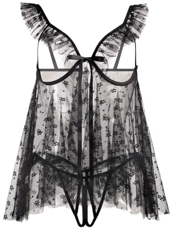 VicSec Front Closure Women Lace Babydoll Lingerie Sexy V Neck Chemise Nightgown Dress Sheer Mesh Wedding Nightie Nightwear (Black, One Size)