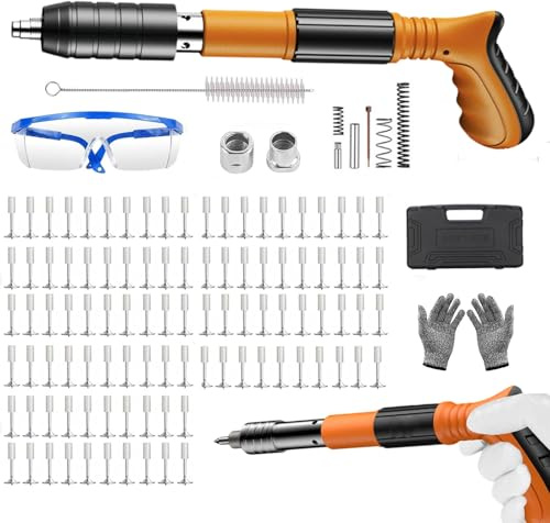 Nagelpistol betong, manuell nagelpistolset med 100 spikar, 4 hastigheter, tyst nagelpistol betong för takväggankare, trådslitsutrustning, husvägg och gör-det-själv-projekt (orange)