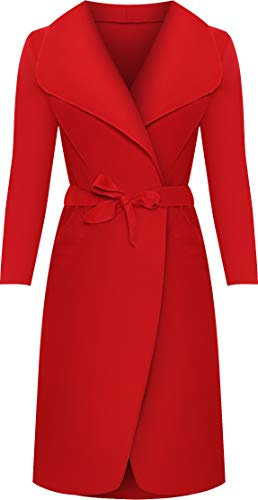 Womens Long Belt Pocket Open Coat Ladies Celebrity Waterfall Jacket Cape - Red - One Size