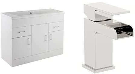 VeeBath Sobek 1000 Vanity Unit with Basin and Waterfall Mixer Tap, Floor Standing Cabinet Rectangular Ceramic Wash Basin for Bathroom Furniture with 3 Doors and 2 Drawers- Gloss White (Flat Pack)