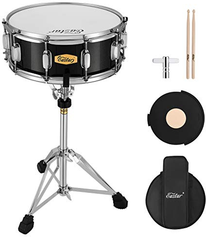 Eastar Snare Drum Set with Drum Sticks, Stand, Mute Pad, Bag, Key, 14X 5.5, Starry Black