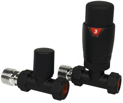 Greened House Oslo Black Straight Designer TRV Thermostatic Radiator & Towel Rail Valve Oslo Straight Black TRV and Lock Shield Valve Set 1/2 - 15mm