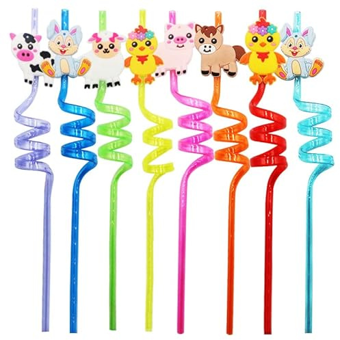 16 pajitas de animales de granja reutilizables para fiestas temáticas de animales de granja para suministros de fiesta de cumpleaños de granja