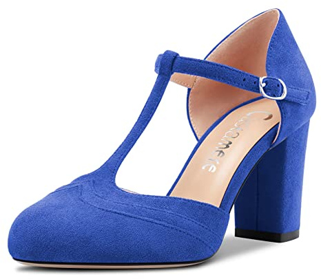 Castamere Women Chunky Block High Heel Round Toe Pumps Court Shoe T-Strap Buckle Wedding Office 8.5 CM Heels Royal Blue 4 UK