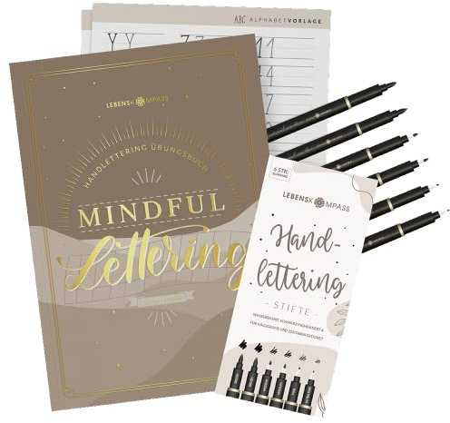 LEBENSKOMPASS Handlettering Starter Set mit Stiften und Buch für Anfänger ”Mindful Lettering” Kalligraphie und Hand Lettering lernen mit Übungsheft und Stiften