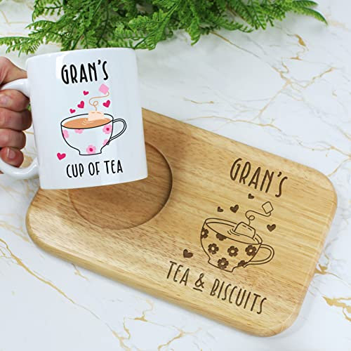 Gran's Tea & Biscuits Planche et tasse en bois avec tasse de thé, plateau à goûter, tasse à café de 350 ml, cadeau d'anniversaire pour grand-mère