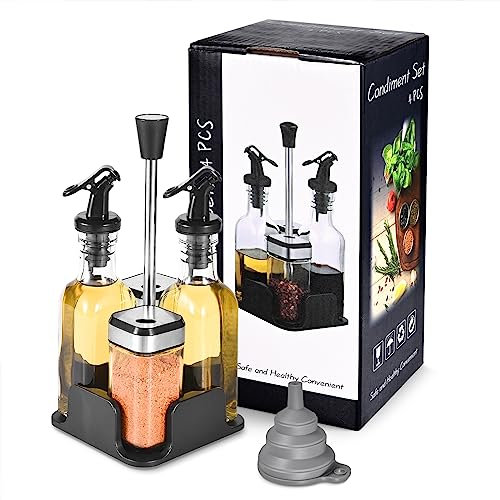 FNLLC Set Olio Aceto Sale Pepe (Set da 5 Pezzi),2 Salina da Tavolo con Coperchio Girevole in Acciaio Inox 120ML,2 Oliera 200ML,Oliera Vetro,sale e pepe Le Travisate