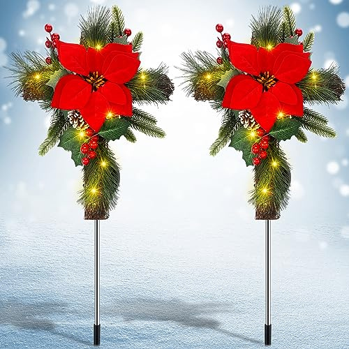 Vihose 2 Pcs 36 Solar Cross Cemetery Christmas Decorations Outdoor LED Lights Christmas Tree Grave Decor Xmas Waterproof Cross Stake Faux Pine Cones and Foliage Ornament Stake for Lawn Yard Cemetery