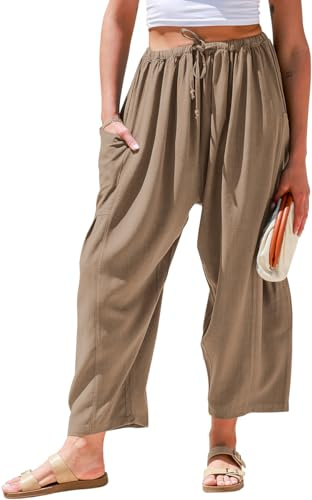 TARSE Womens Linen Wide Leg Pants Casual Loose Drawstring Low Waist Beach Palazzo Harem Pants with Pockets(Coffee,XL)