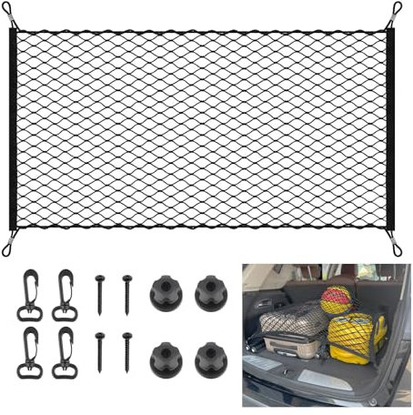 Funmo Kofferraumnetz Gepäcknetz 110x60cm Aufbewahrung Gepäcknetz Organizer Netz Mit 4 Stahlkarabiner+4 ABS Haken, Elastischer Rand hält Lasten Fester für Kofferraum Autodach Gepäcknetz Schwarz