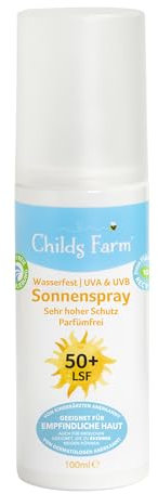 Childs Farm Sonnenschutzspray für Kinder und Babys, sehr hoher Schutz mit LSF 50+, wasserfest, UVA- und UVB-Schutz, 100ml | Für trockene, empfindliche oder auch zu Ekzemen neigende Haut geeignet
