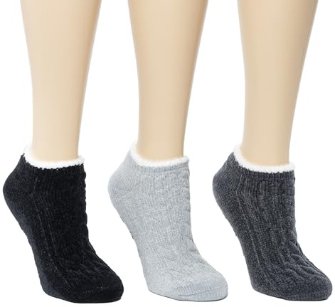 Cuddl Duds Women Cozy Lined Super Soft 3 Pair Pack Low Cut with Grippers Lounge Socks, Black